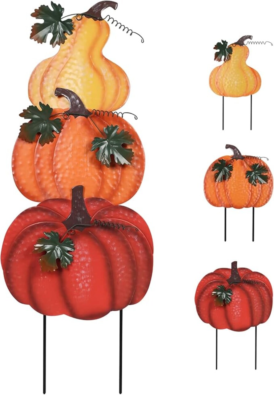 Outdoor Fall Decorations for Home, 34" Decorative Garden Stakes with 3 Stacked Pumpkins for Fall Decor, Metal Yard Signs for Garden, Lawn, and Patio Thanksgiving Decorations